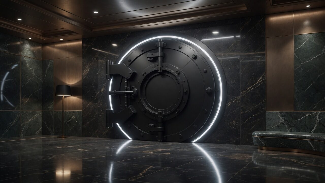 Monumental black circular vault door set in dark green marble, ringed in cold white light, empty anteroom.