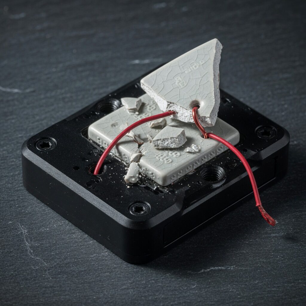 Tamper-evident module, cracked ceramic seal and a red witness wire on black metal.