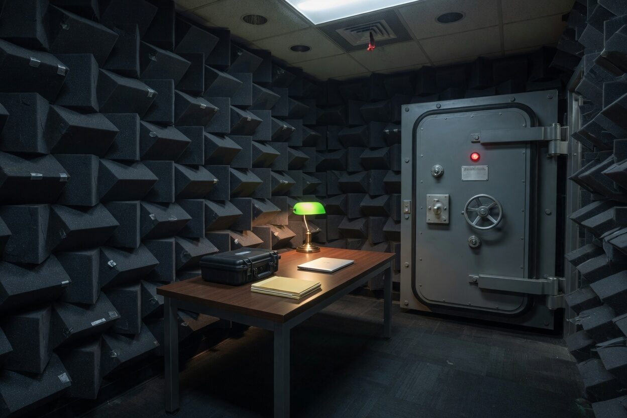 Windowless room lined in acoustic foam, heavy vault door, a table with a lamp and a closed case.